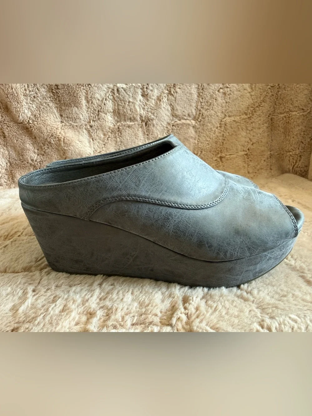 Corkys Indigo Peep-Toe Platform Wedge Mules in Brushed Pewter 8